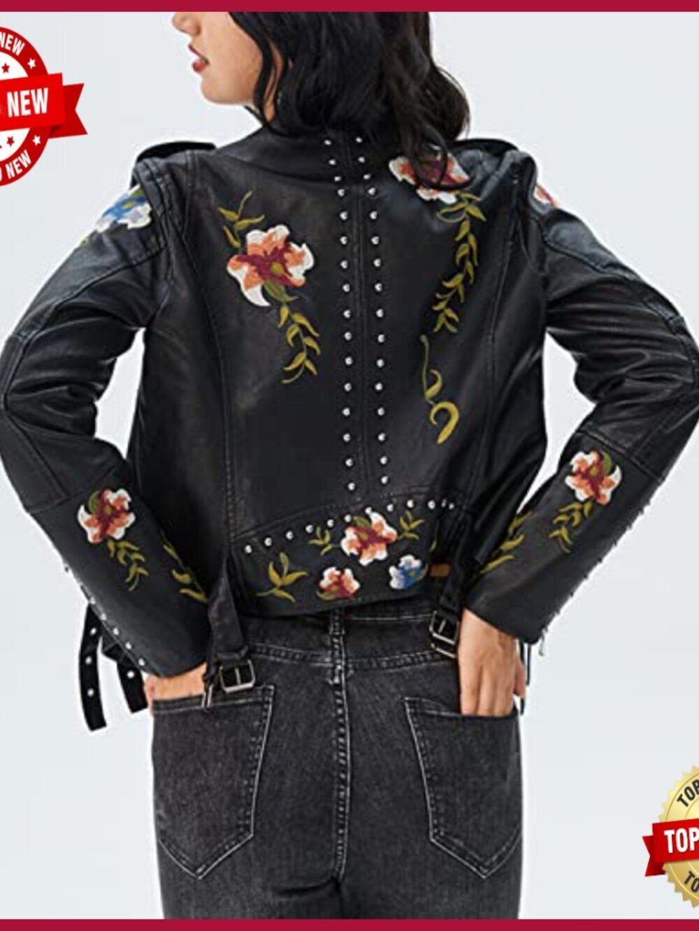 Women's Embroidered Studded Faux Leather Moto Jacket Slim Fit Short - Picture 3 of 6